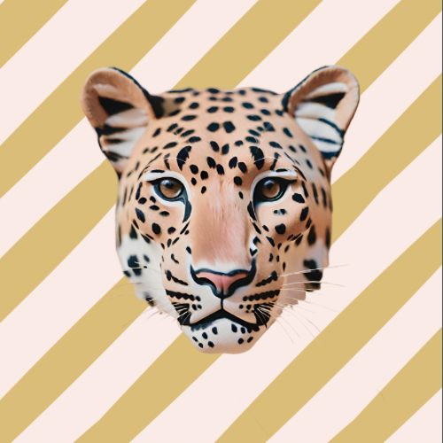 Leopard Dreams Logo Showing Leopard Head on Pale Pink and Gold Striped Background